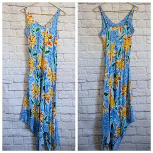 Vintage Jams World Kiyoshi Sunflower Dress XS Blue Yellow Floral Hawaiian Rayon